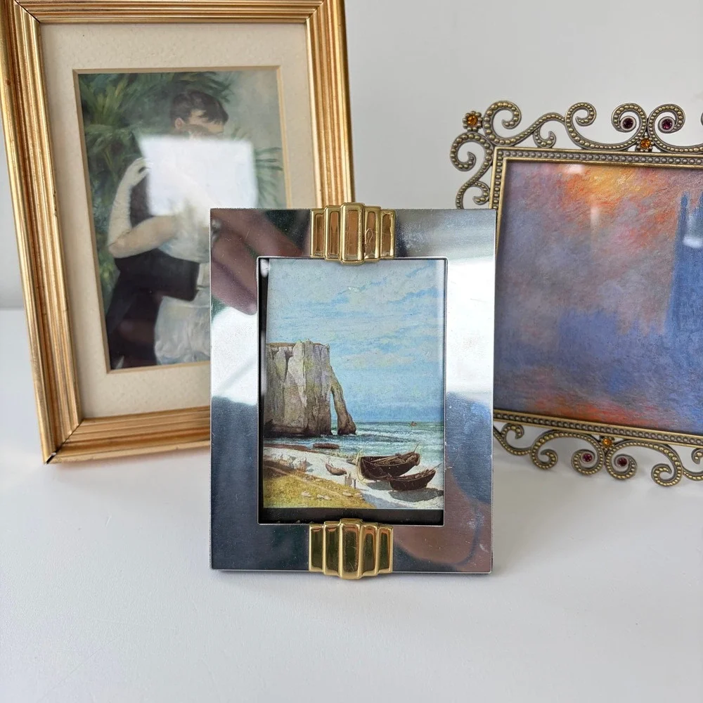 Vintage Picture Frame Set Gold Fluted Ornate Brass Art Deco Silver Tone 3 Piece